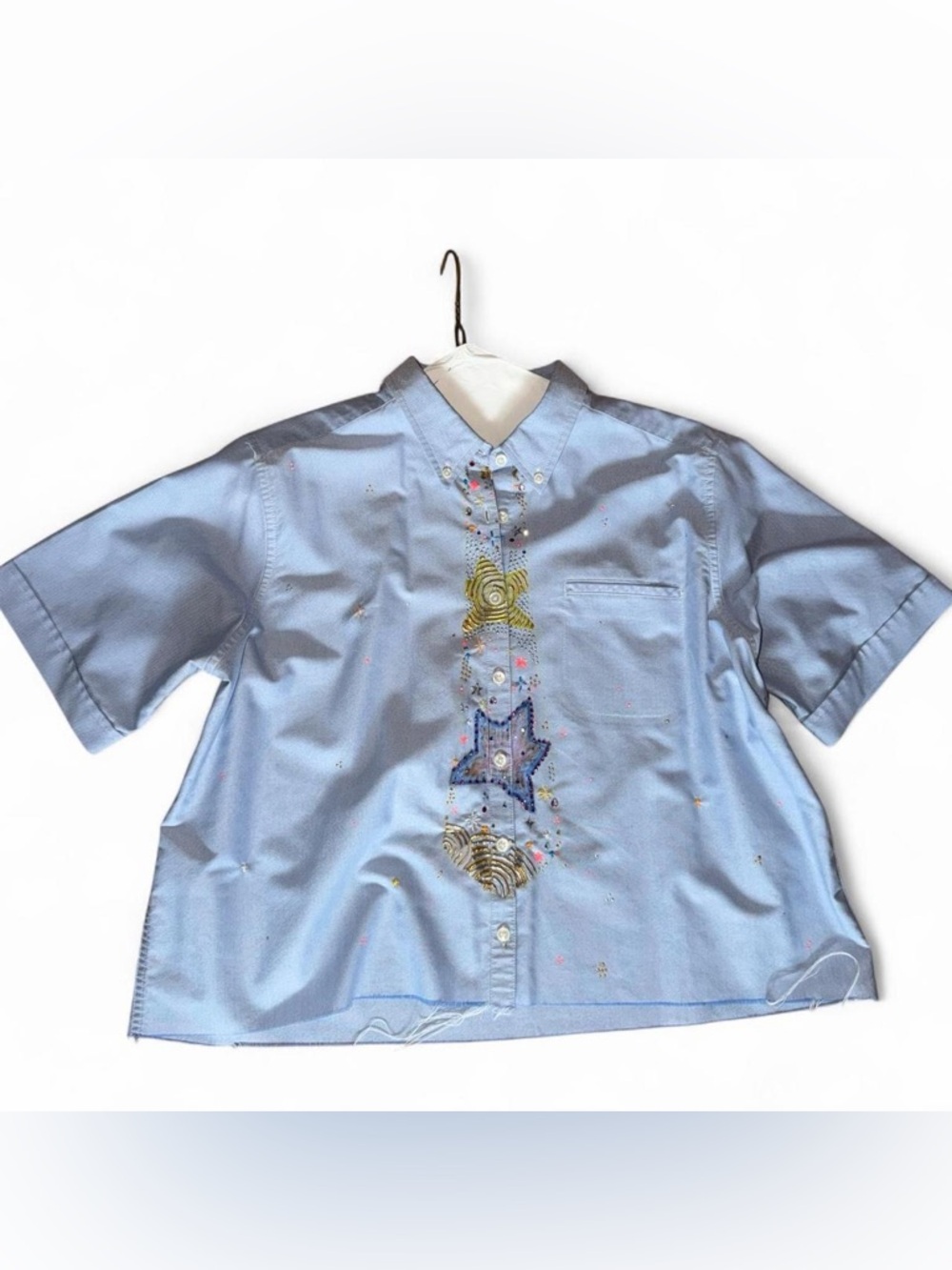 Blue button up shirt with painted on tie detail handmade sz 18 crop oversized